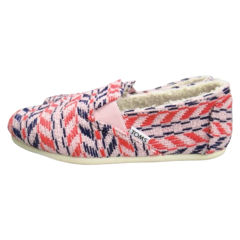 TOMS Alpargata Pink Red Navy Herringbone Woven Faux Shearling Lined Flats Shoes - Picture 3 of 6